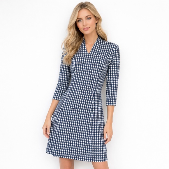 J. McLaughlin Dresses & Skirts - J. McLaughlin Ivana Dress Small Catalina Cloth Navy Off White Check 3/4 Sleeve